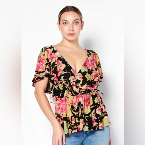 Lauren by Ralph Lauren Surplice Neck Flutter Sleeve Floral Print Wrap Top 2X NWT - Picture 1 of 9